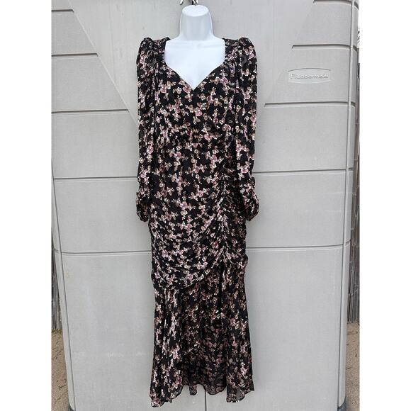 ASTR The Label Dark Floral Puff Sleeves Burntout Velvet Ruched Midi Dress Sz L - Picture 6 of 16